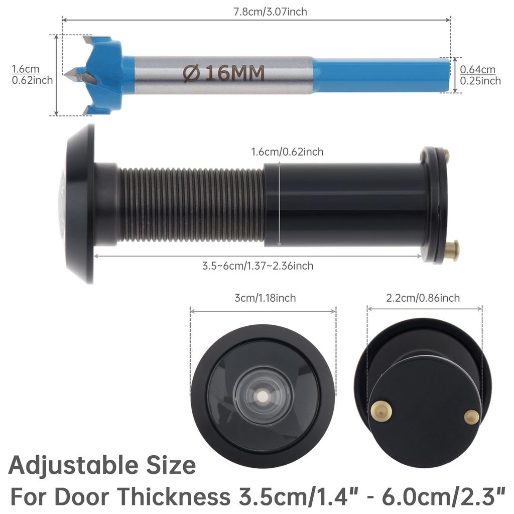 Solid Brass 16mm Door Peephole 200 Degree HD Lens Privacy Cover Heavy Duty Includes Drill Bit Universal 35-60mm Solid Wood Door
