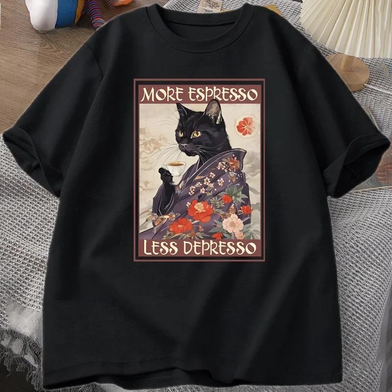 More Espresso Less Depresso Humorous T-Shirt Women Black Cat Coffee T Shirt Y2k Summer Women Short Sleeve Tee