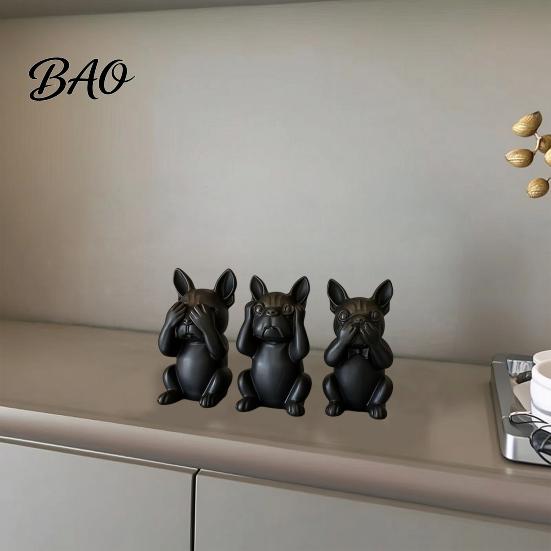 Three-part French Bulldog Design 3D Printed Statues Set of 3, Matte Black Sculpture, Minimalist Bull Dog Desktop Statue Figurines for Home Decoration,