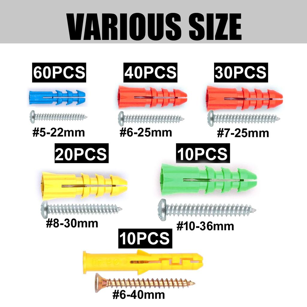Набор из 340 шт. винтов с крестообразным шлицем и прорезью и дюбелей-анкеров, используется для настенного монтажа и декоративной установки.