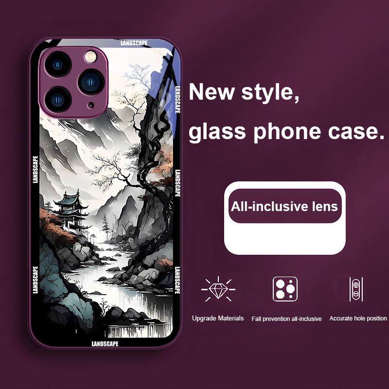 Китайская пейзажная живопись для iPhone 16 Plus 15 14 13 12 Mini 11 Pro Max X XS XR 7 8 Plus 2022 Закаленное стекло Чехол для телефона