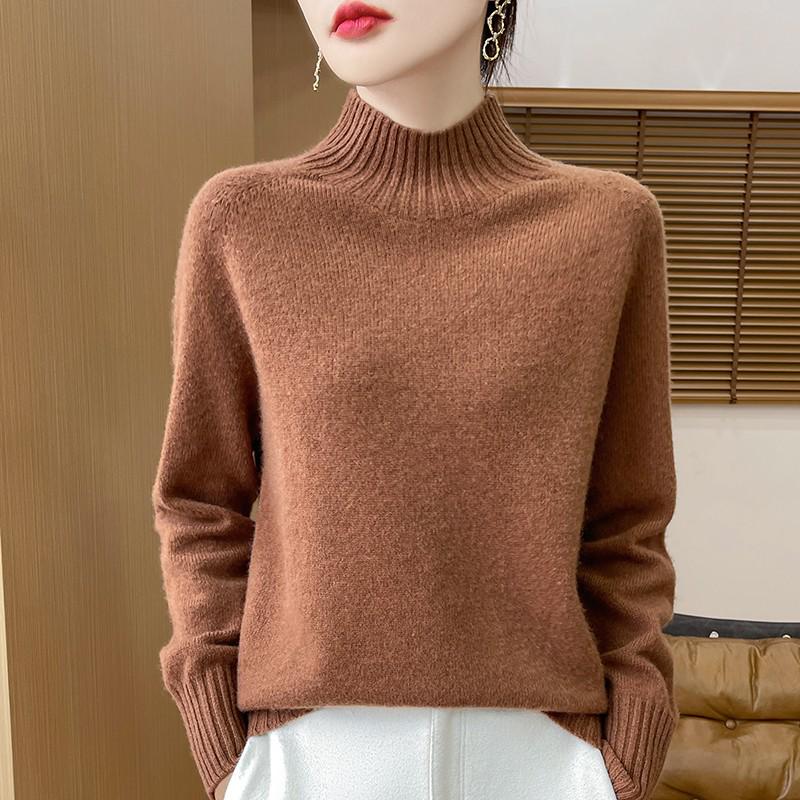 Women's Pure Wool Half-High Collar Loose Knit Sweater - Thickened Autumn/Winter Base Layer Pullover