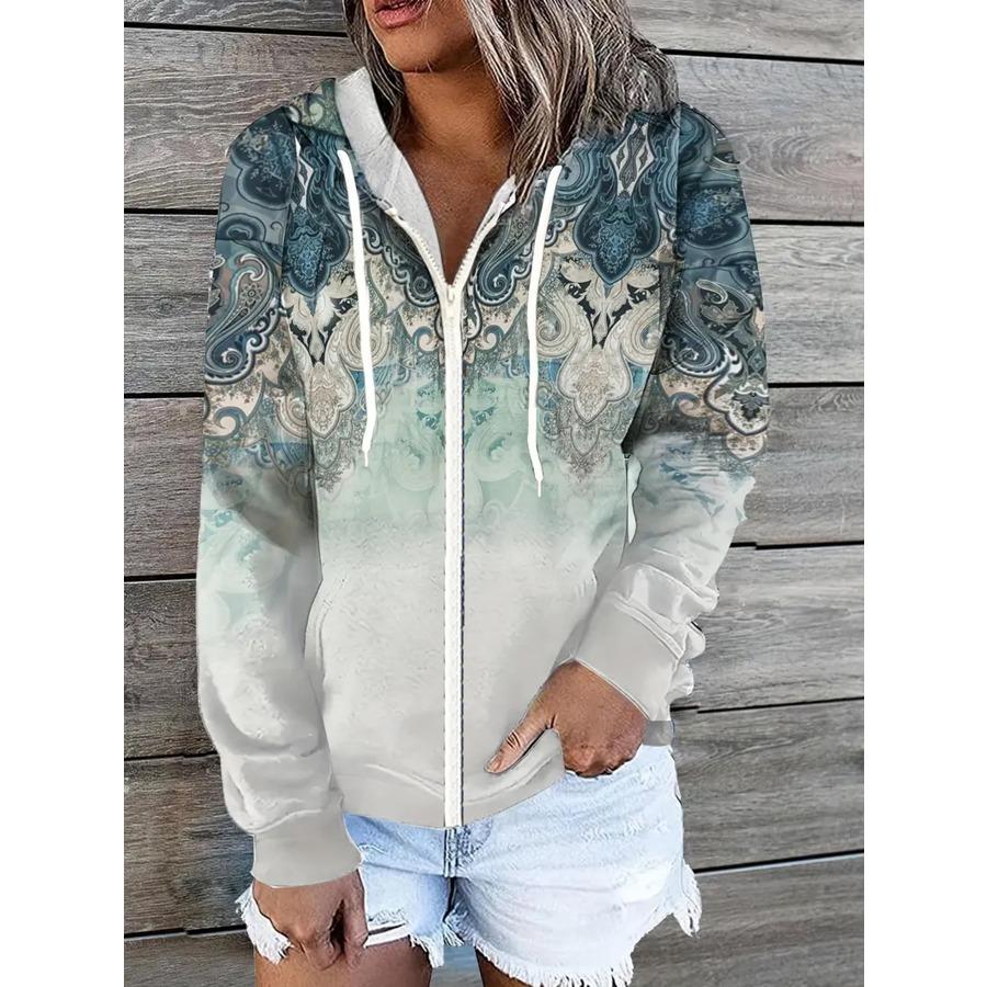 Winter Printed Hooded Sweatshirt Sportwear Coat for Women Zipper Down 3D Pocket Hoodies Autumn Women's Clothing