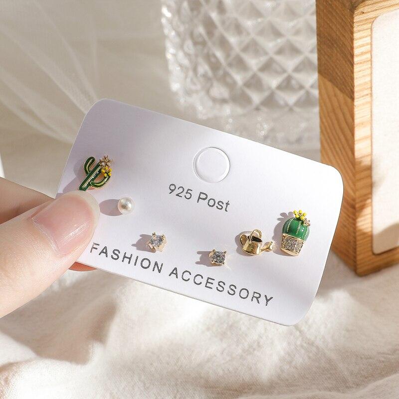 Прекрасный кактус в горшке с жемчугом и цирконием, набор серег-гвоздиков для женщин, геометрические серьги из 6 предметов, комплект ювелирных изделий, подарки