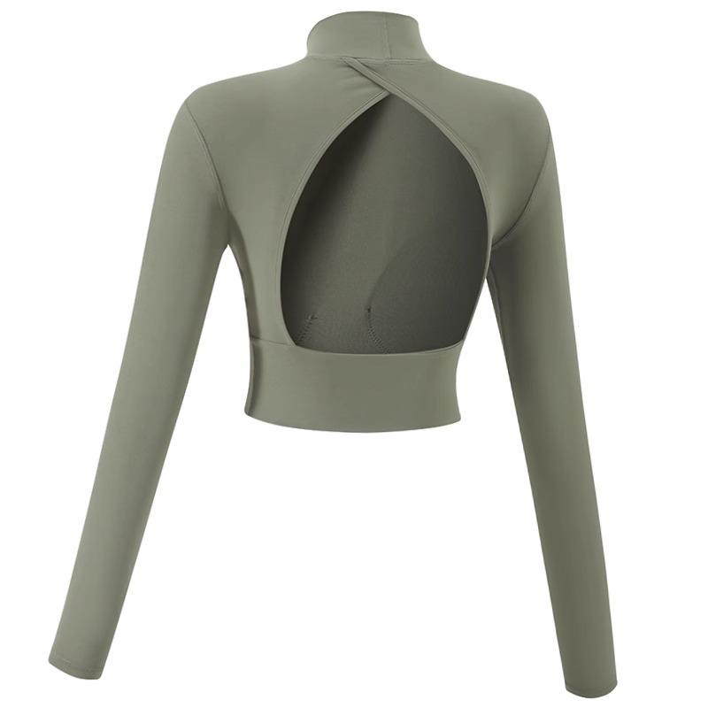 Приталенный костюм для йоги с высоким воротом и нагрудными вкладышами - женский фитнес-топ с длинным рукавом для бега и пилатеса (осень)