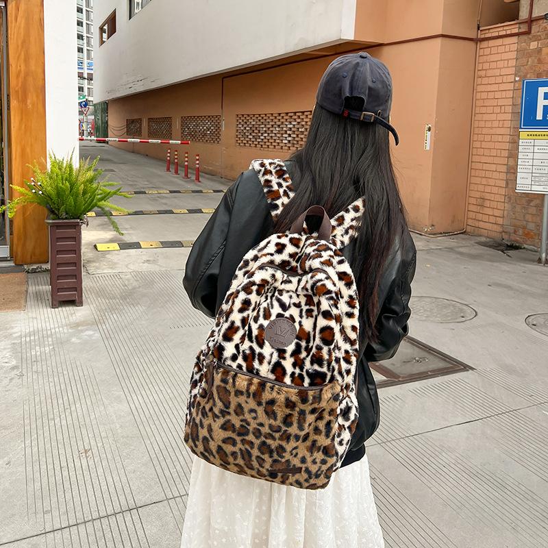 Baigou багаж большой вместимости плюшевый рюкзак женский 2025 новый леопардовый принт универсальный студенческий школьный рюкзак простая сумка