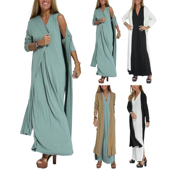 Женские повседневные свободные платья Элегантное офисное женское длинное платье Модное летнее платье без рукавов с осенним кардиганом с длинными рукавами