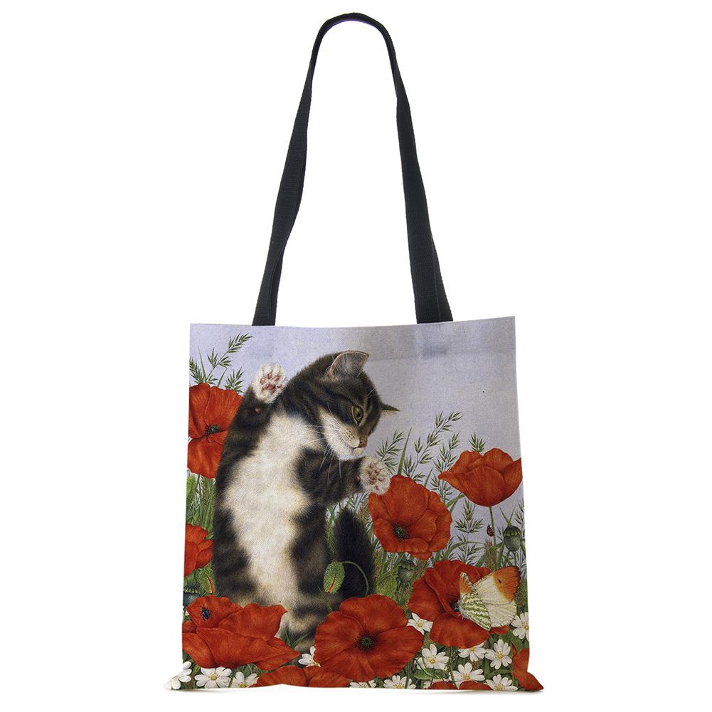 Cute Cat Flower Painting Print Womens Designer Tote Bags Women Handbag Large Shopping Bag Foldable For Groceries CLE