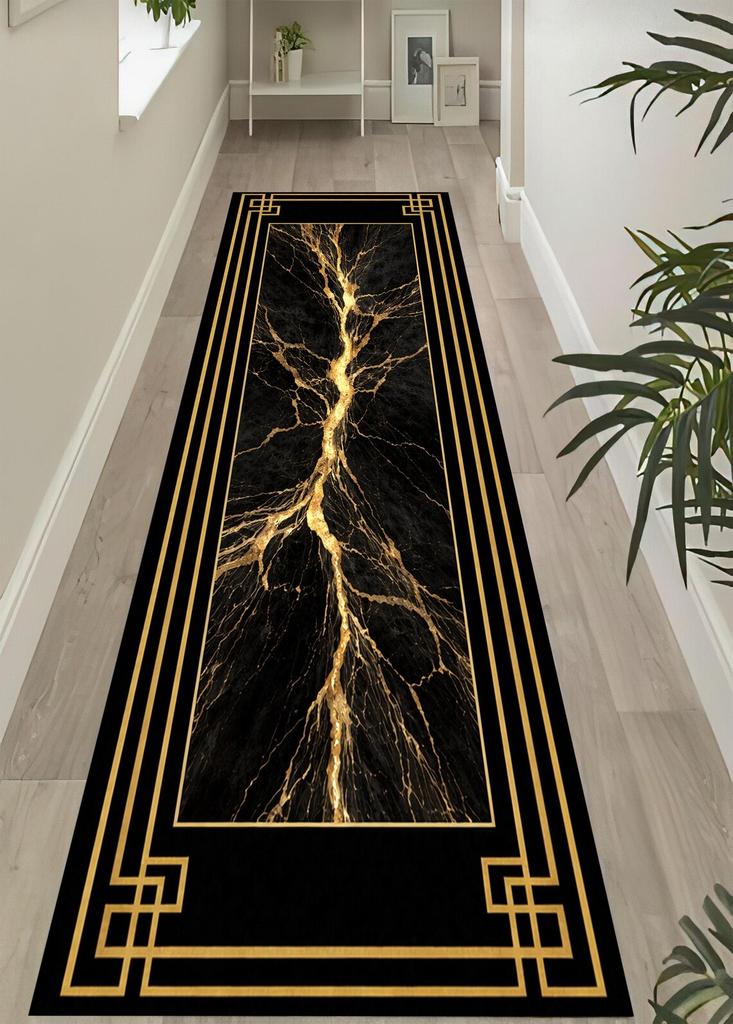 Luxury Black Gold Marble Runner Rug Non-Slip Modern Geometric Border Floor Mat Washable,Elegant Decorative Rug for Hallway Decor