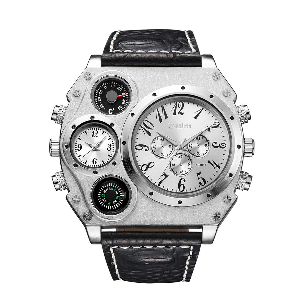 Oulm Original 1349 Two Time Zone Sport Watch Large Dial Big Size Male Quartz Clock Decorative Compass Men Military Watches