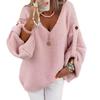 Women's V-Neck Knit Sweater with Button Cuffs In Pink, Blue, Gray, Black