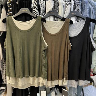 Жилет большого размера, женская майка без рукавов, винтажный свободный поддельный двухсекционный жилет, повседневный жилет с V-образным вырезом