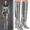 Fashion Runway Shoes Pointy Toe 9.5cm Thick Heeled Knee High Boots Slip On Women Boots Female Knee-high Boots Bota Feminina