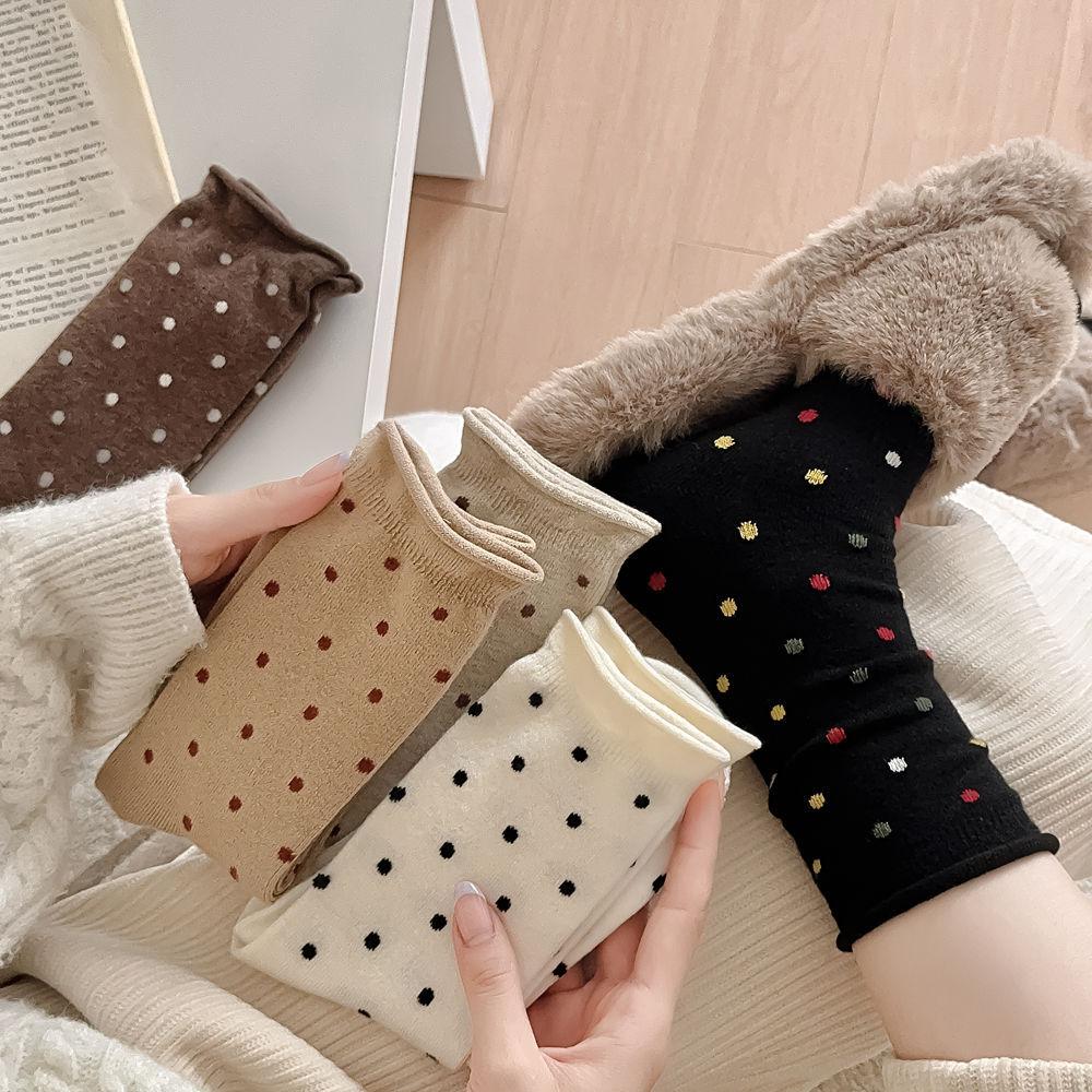 Wool Socks Women Autumn and Winter Thick Warm Middle-tube Socks Polka Dot Japanese Kawaii Cute Thermal Long Socks