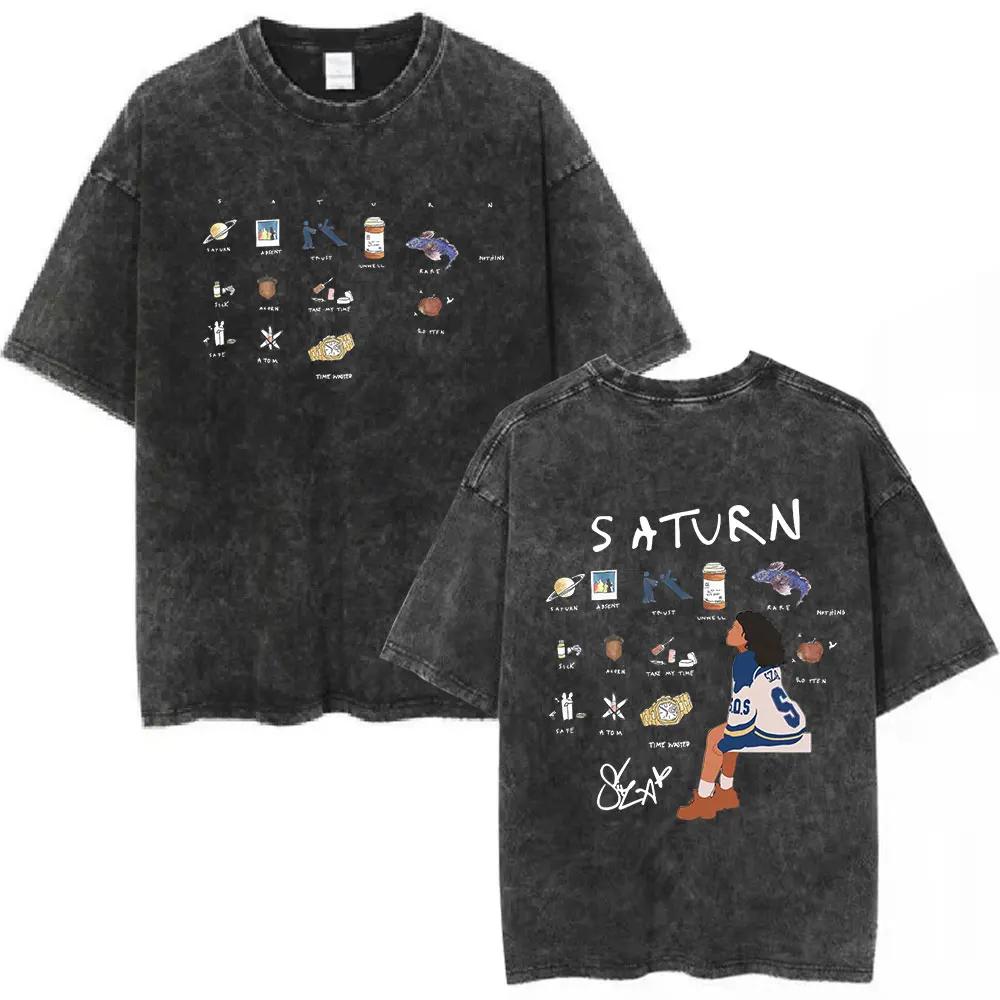 SZA Music Saturn Vintage Washed T Shirt Unisex Fashion Harajuku T-shirt Cotton Casual Loose Short Sleeve T Shirts Top Streetwear