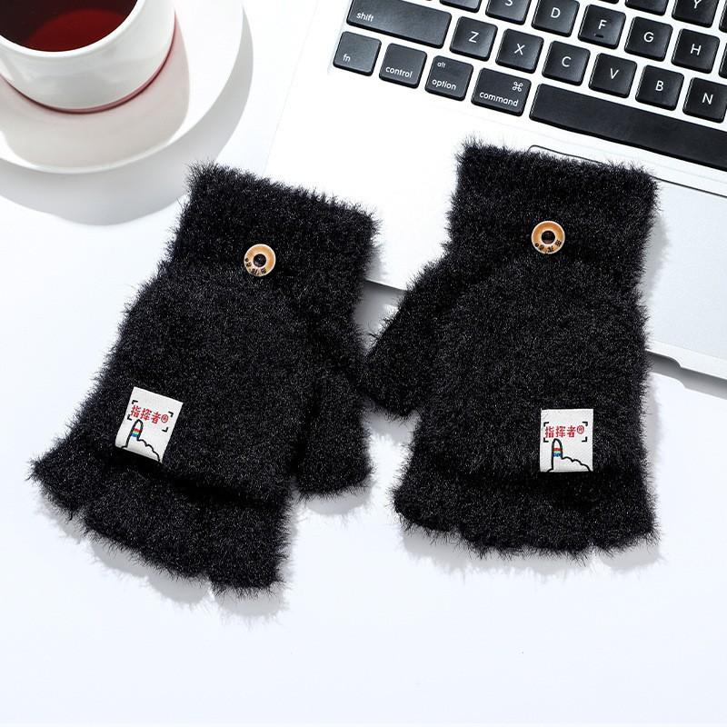 Half-finger Covered Plush Gloves, Autumn and Winter Warm and Thick Imitation Mink Velvet Flip Knitted Gloves