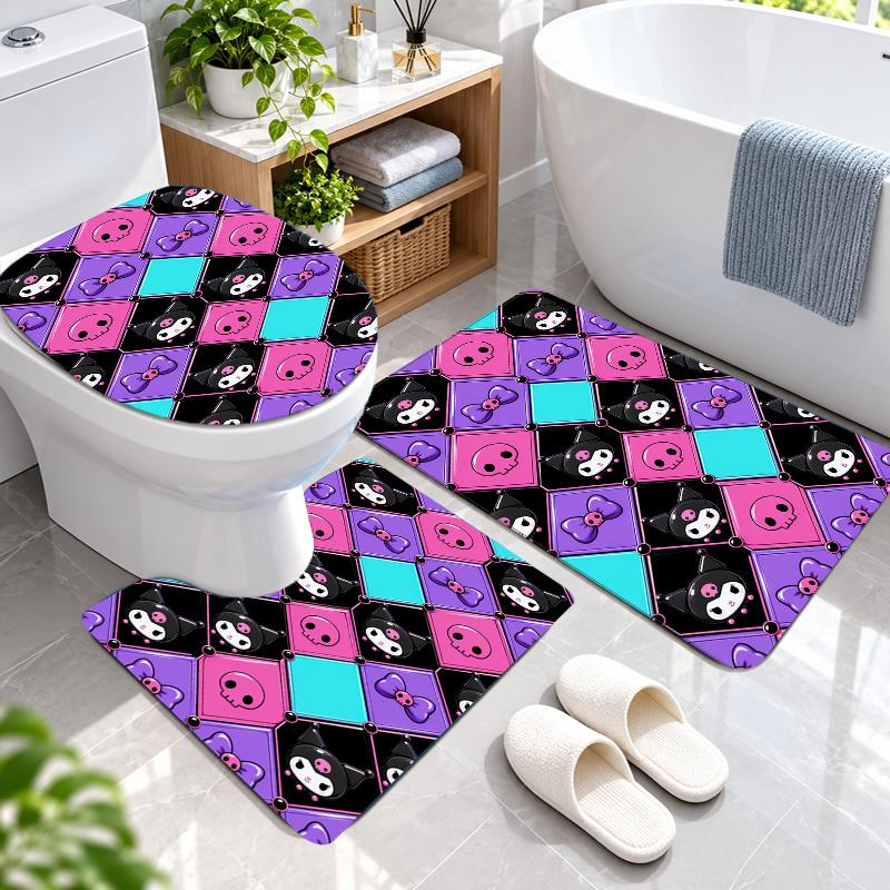 3Pcs Flannel Toilet Mat Set Kuromi Bathroom Rug Bath Carpet Non Slip Home Decor