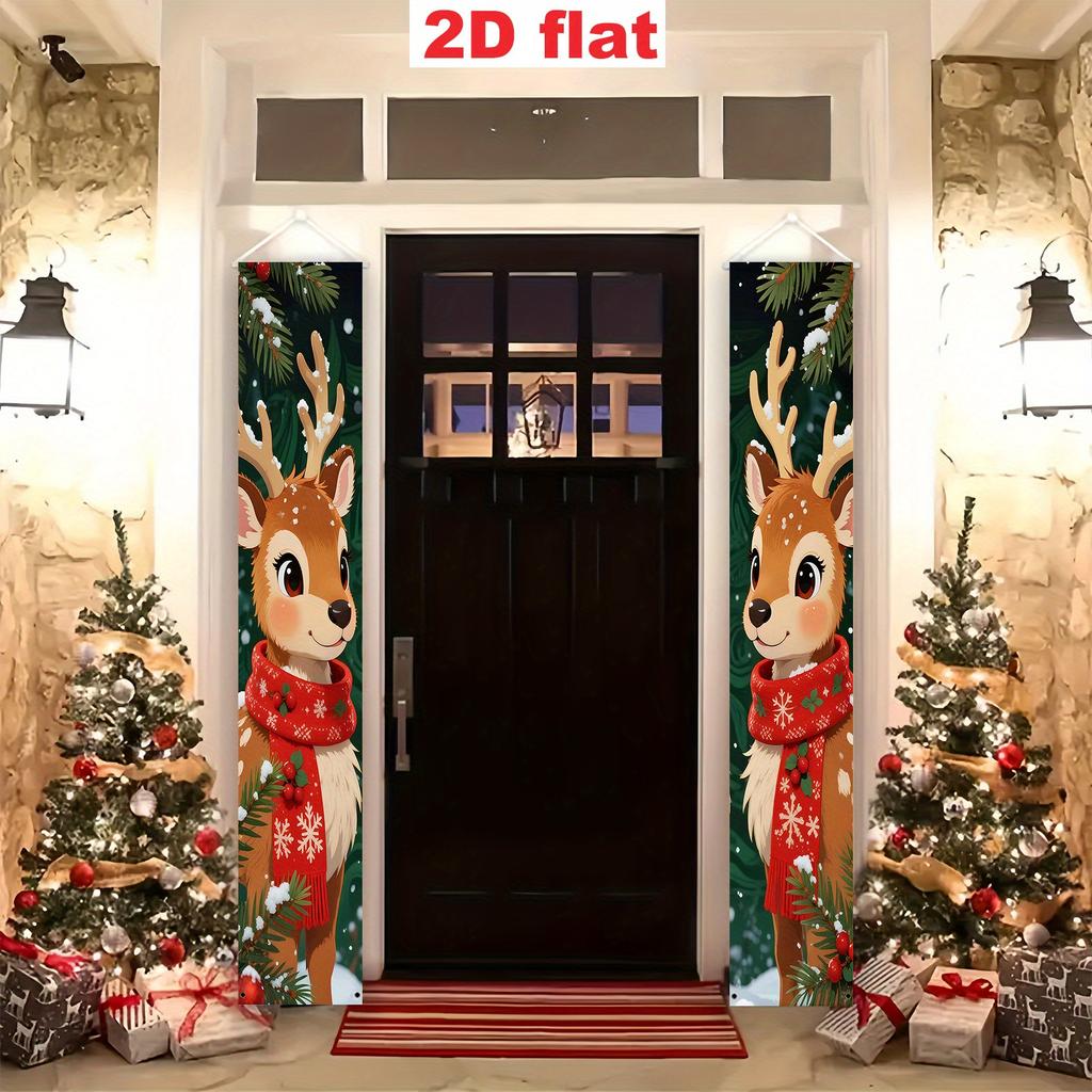 Merry Christmas Porch Sign Bunting Two Cartoon Deer Polyester 30x180cm Indoor Outdoor Decor