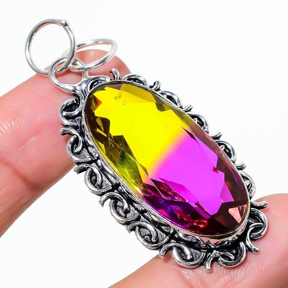 Bi-Color Tourmaline Gemstone 925 Sterling Silver Jewelry Pendant 2.36" K2f15