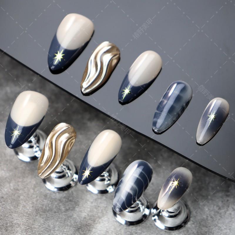 Y2K Chic Press-On Nails With Mirror Water Ripple Starburst French Design Women - Almond Shape Ultra-Thin Adhesive Nail Tips
