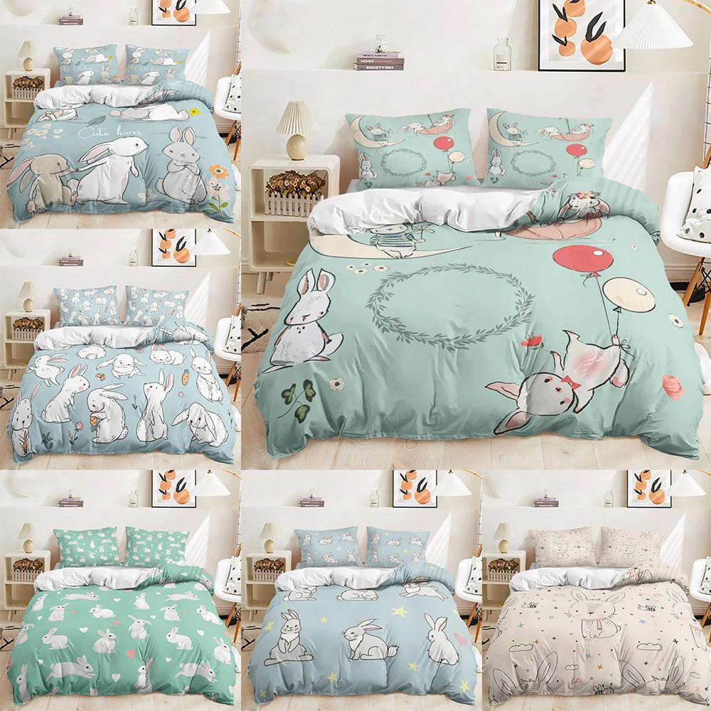 Cartoon Rabbit Bedding Sets Easter Bunny Bed Cover Comforter Duvet Cover Pillow Case 2-3 Pieces Sets Bedroom Decoration