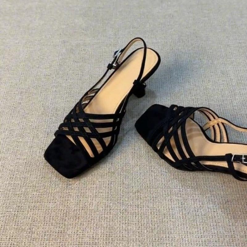Stiletto Sandals Summer New Square Toe Open Toe Cross Slim Strap One Buckle Anti-Slip Wear-Resistant High Heels