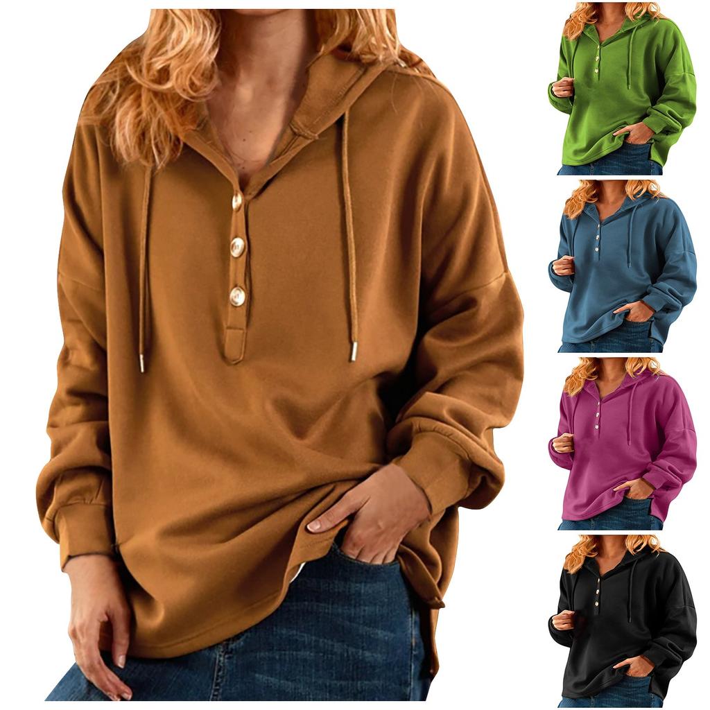 Autumn and Winter Women's Solid Color Hooded Sweatshirt Button Drawstring Top