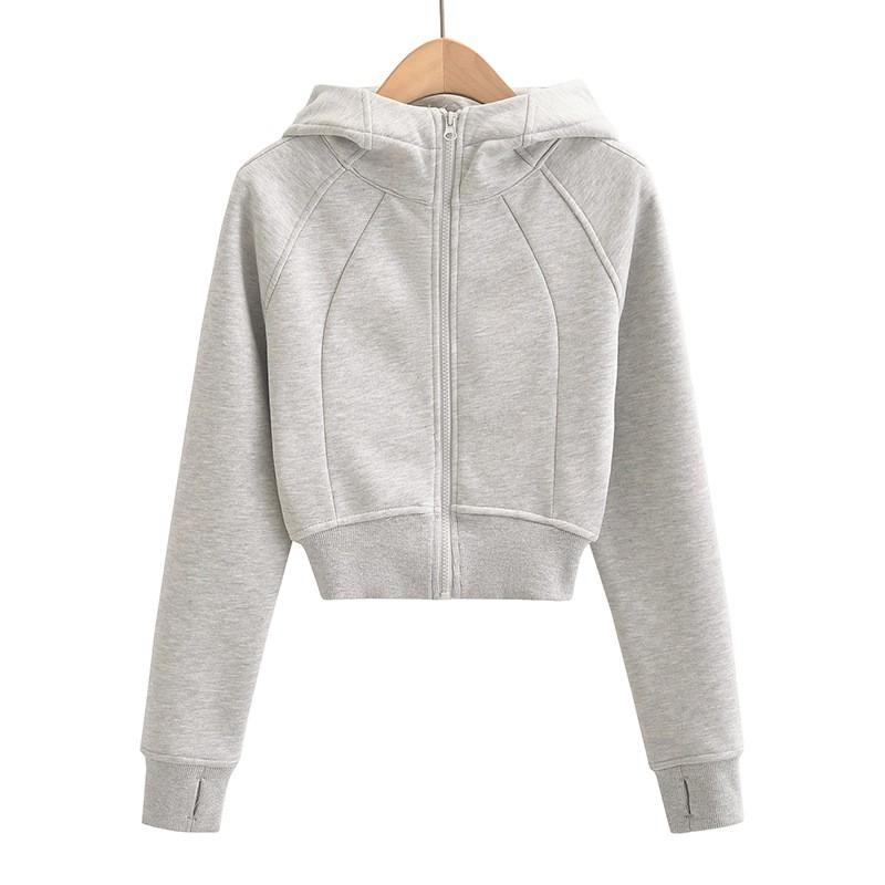 Womens Cropped Hooded Sweatshirt Fall Winter American Y2k Streetwear Zip Up Casual Outerwear