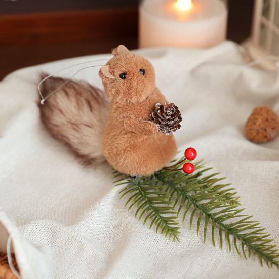 Christmas Squirrel Ornament Foam Plush Squirrel Figurine with Pinecones Branches Furry Forest Animal Hanging Decoration for Holiday Xmas Tree Home