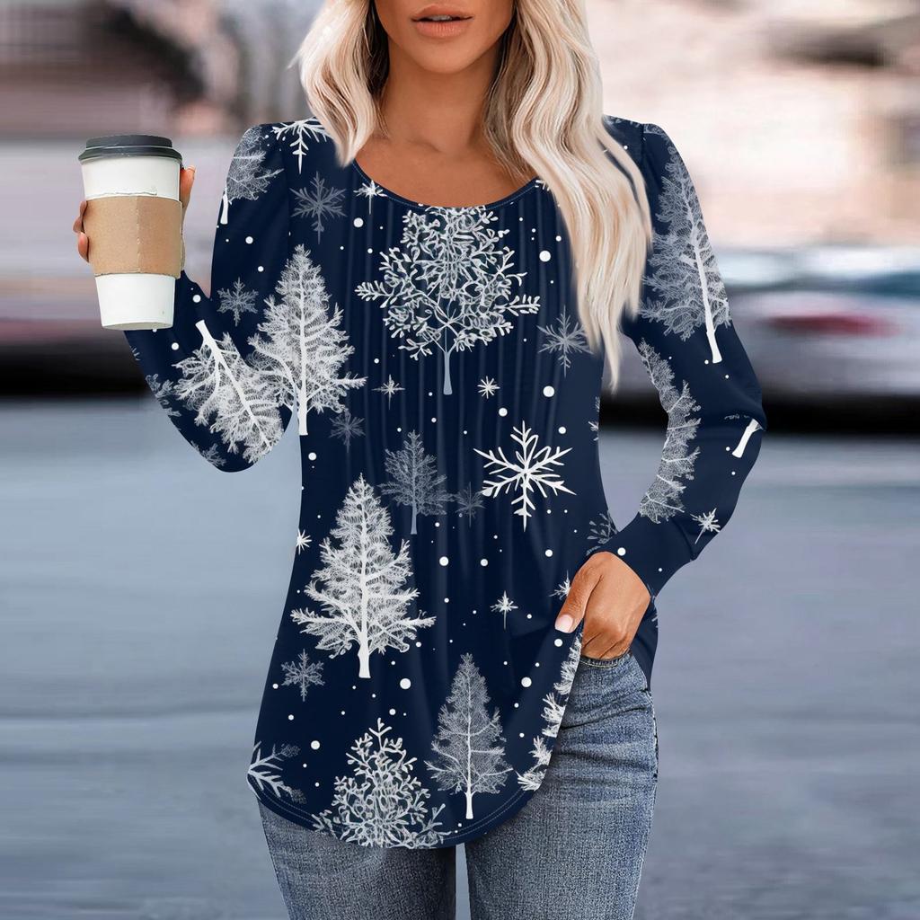 Женская повседневная и модная принтованная футболка с круглым вырезом и длинными рукавами, плиссированная футболка на Рождество