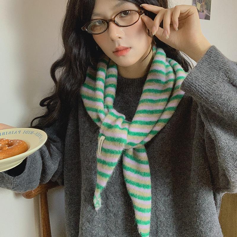 British Wool Triangle Scarf Knitted Stripe Print Triangular Scarf Women Headscarf Multifunctional Warm Knitted Neckerchief Scarf