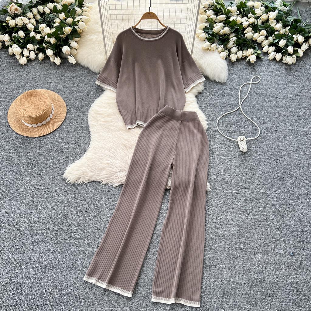 Летний женский трикотажный свитер, брюки, комплект из двух предметов, женский свитер с коротким рукавом, топ и брюки длиной до щиколотки, спортивный костюм