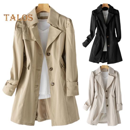 Осенне-весенняя женская куртка с отложным воротником, однобортное свободное пальто средней длины, однотонное пальто для поездок на работу, ветровка для походов