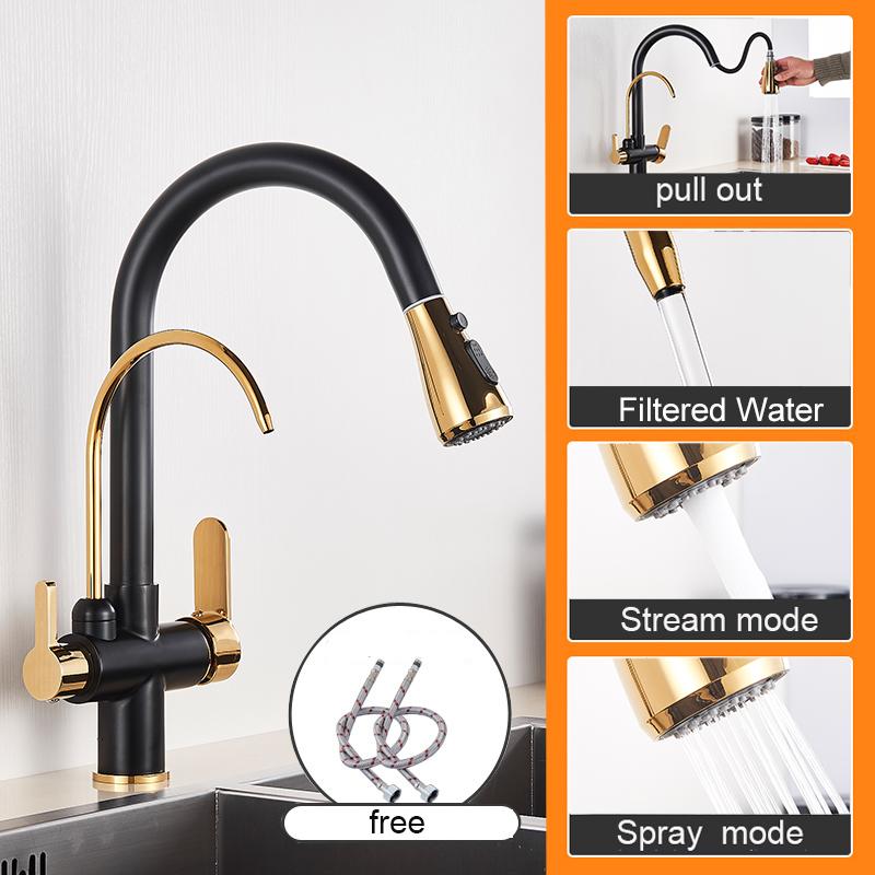Матово-черный фильтр для чистой воды, кухонный кран с двумя ручками, для горячей и холодной питьевой воды, выдвижные кухонные смесители