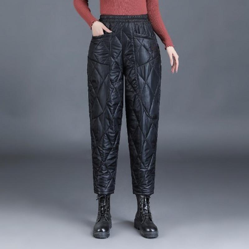 Осенне-зимние женские брюки больших размеров с утолщенной подкладкой и ромбовидной решеткой, легкие эластичные брюки со столетним однотонным цветом, теплые свободные брюки