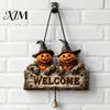 Rustic Holiday Door Sign Halloween Wooden Welcome Hanging Sign, Vintage Farmhouse Hanger with Skeleton Pumpkin Seasonal Window Ornament Ghost,