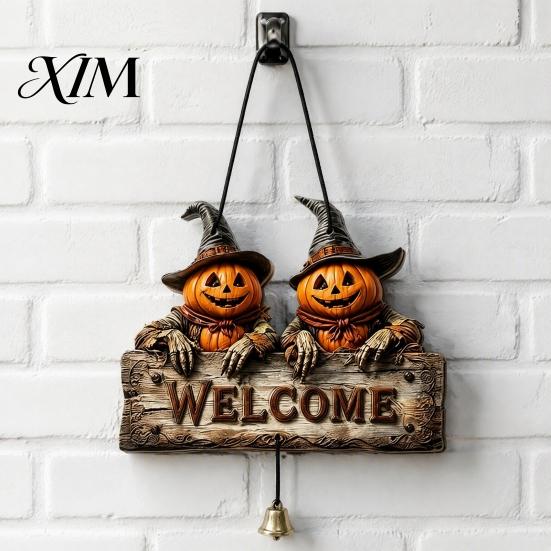 Rustic Holiday Door Sign Halloween Wooden Welcome Hanging Sign, Vintage Farmhouse Hanger with Skeleton Pumpkin Seasonal Window Ornament Ghost,