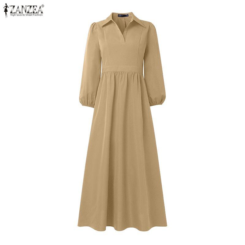 ZANZEA Женское повседневное свободное длинное платье с отложным воротником и длинным рукавом