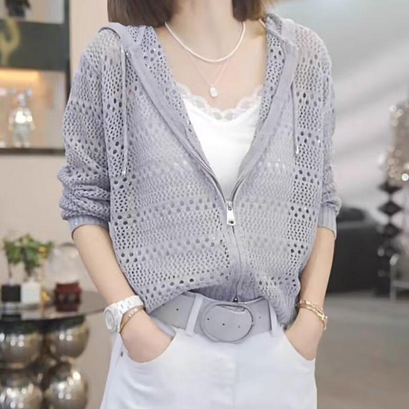 Вязаный кардиган с капюшоном, с полым узором и молнией, для женщин, модный, повседневный, с длинным рукавом, свободный топ