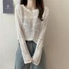 Hollow Out Lazy Crochet Knit Sweater Sunscreen Long Sleeved Cover Shirt Loose Short Top