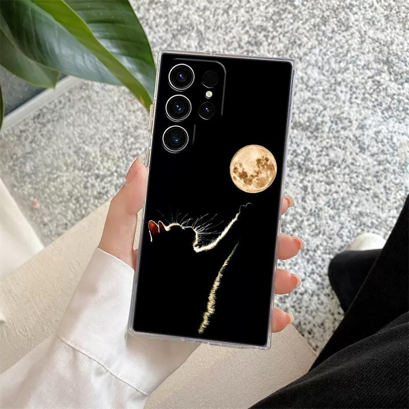 Черный кот Линия Чехол для телефона S25Ultra Для Samsung Galaxy S25 S24 S23 S21 Ultra S20 FE S22 Plus A35 A55 5G Чехол Прозрачный чехол Милый кот