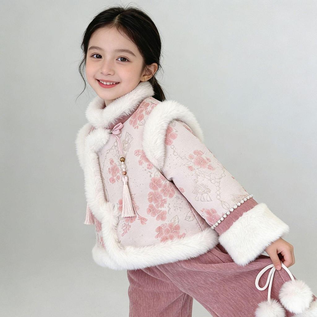 Зимний комплект из двух предметов в китайском стиле для девочек с отделкой из меха: Бархатный топ и брюки