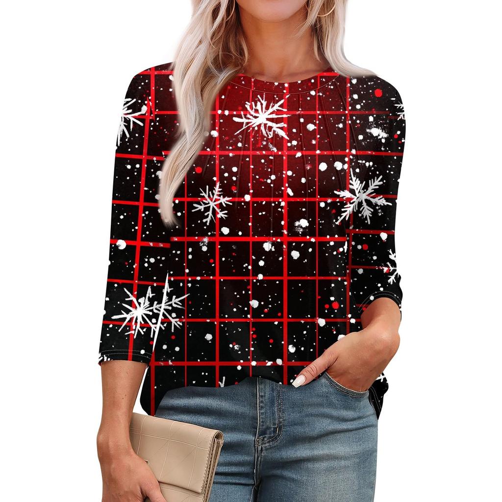 Женская модная повседневная футболка с круглым вырезом и рукавом семь четвертей в стиле ретро с принтом, плиссированная футболка