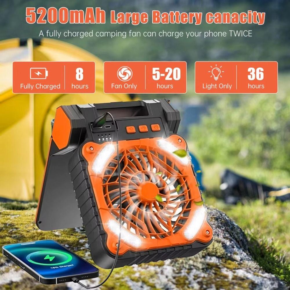 90° Folding Camping Fan with LED Light 5200mAh Portable Tent Fan Outdoor Solar Fan Picnic Trip