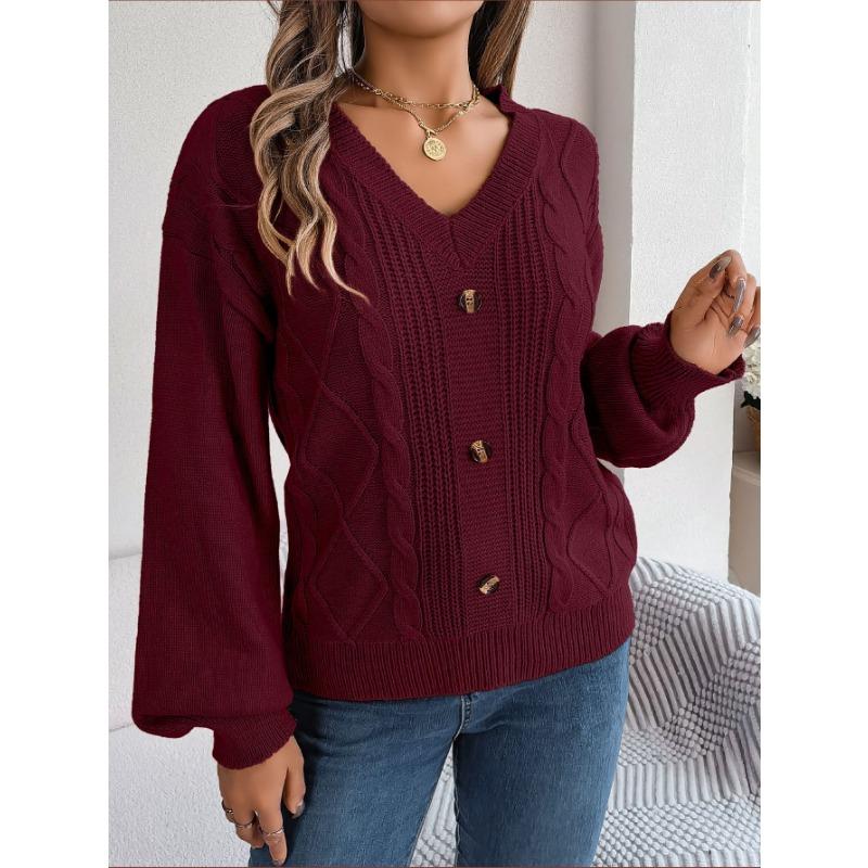 Women's Autumn and Winter Solid Color V-neck Button Twist Lantern Sleeve Pullover Sweater