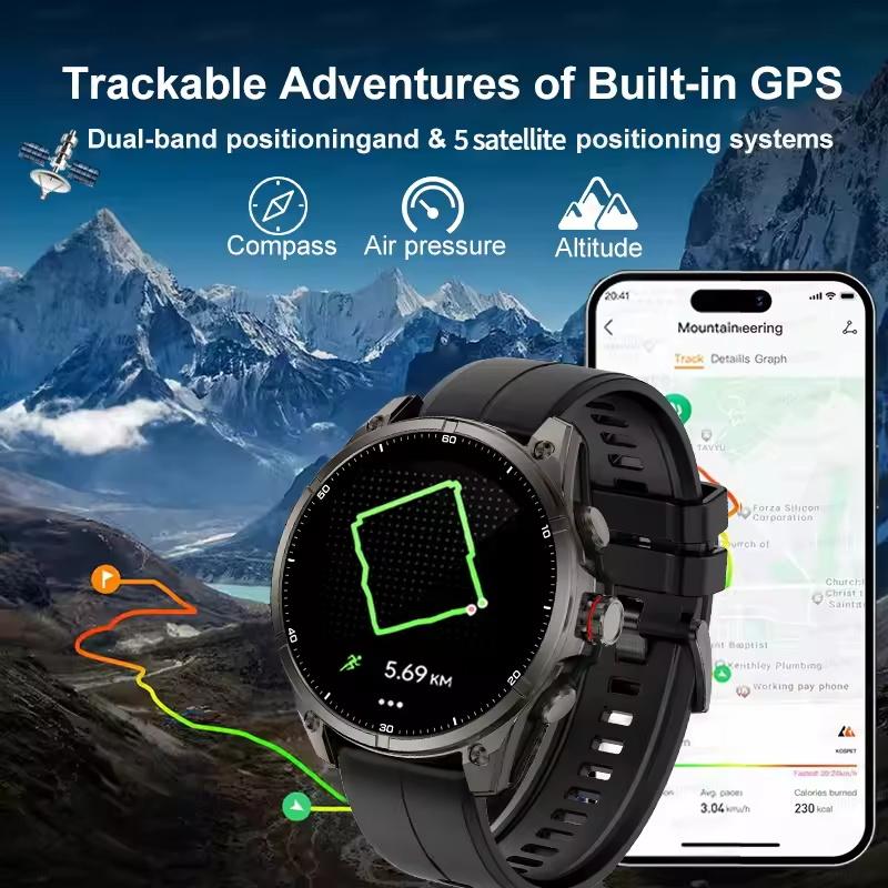 Новые двухдиапазонные GPS смарт-часы для активного отдыха и спорта, мужские, 1.43" AMOLED-экран, водонепроницаемость 5ATM, компас, альтиметр, военные смарт-часы