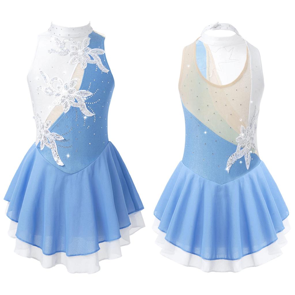 Детское сетчатое трико с блестками и блестками для девочек, танцевальная одежда для фигурного катания на ледяных роликах