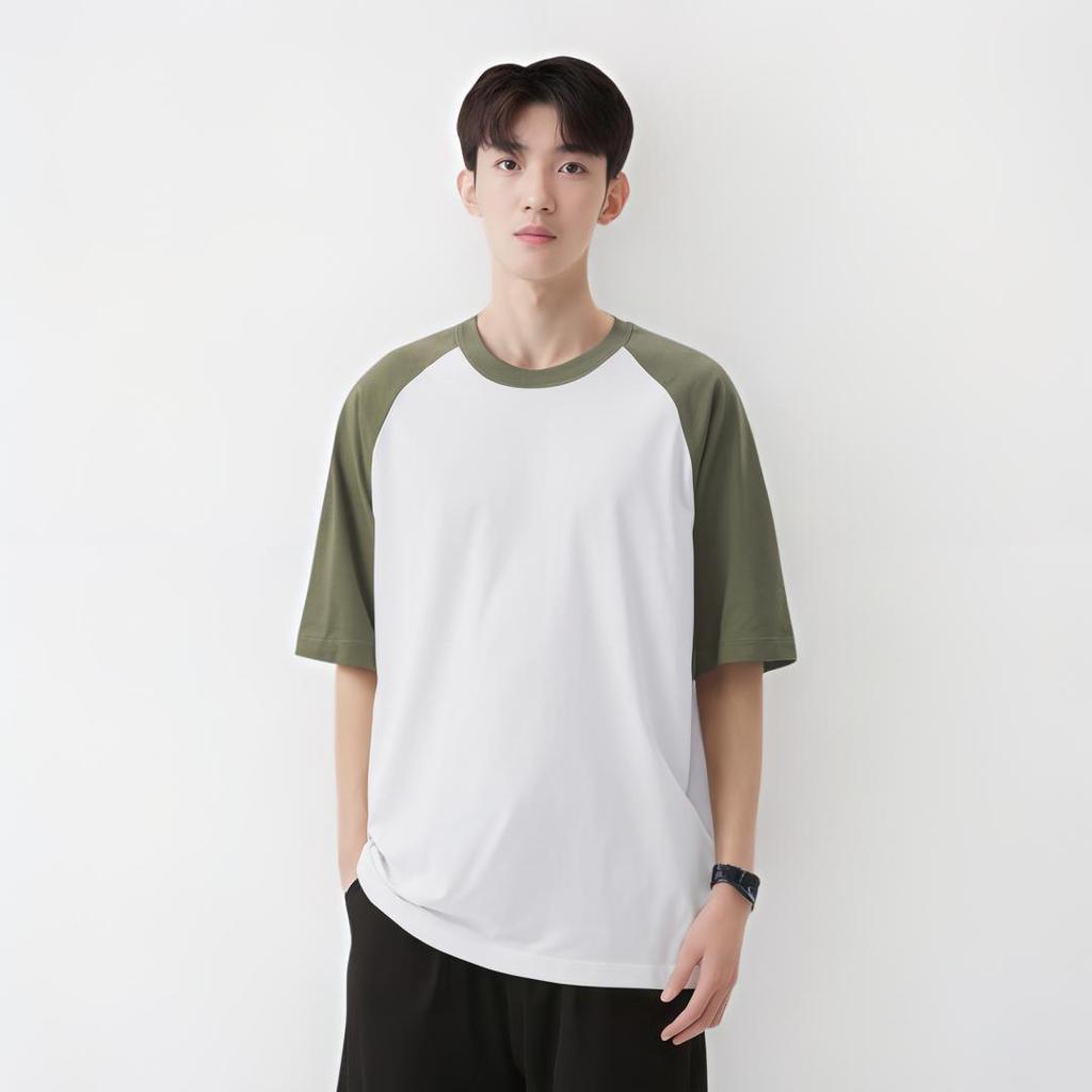 Uniqlo Свободная футболка с блоками цвета и рукавами реглан, короткий рукав, мужские топы, Оливковый 457833-56