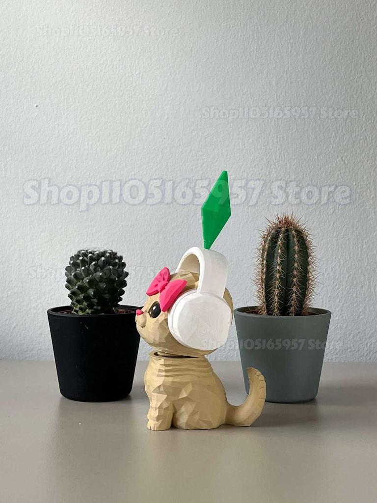 3D-печатная фигурка кота Sim-S с наушниками и декором Plumbob - Милая геометрическая статуэтка котенка, Декор для домашнего стола, Кавайные акценты, Подарок