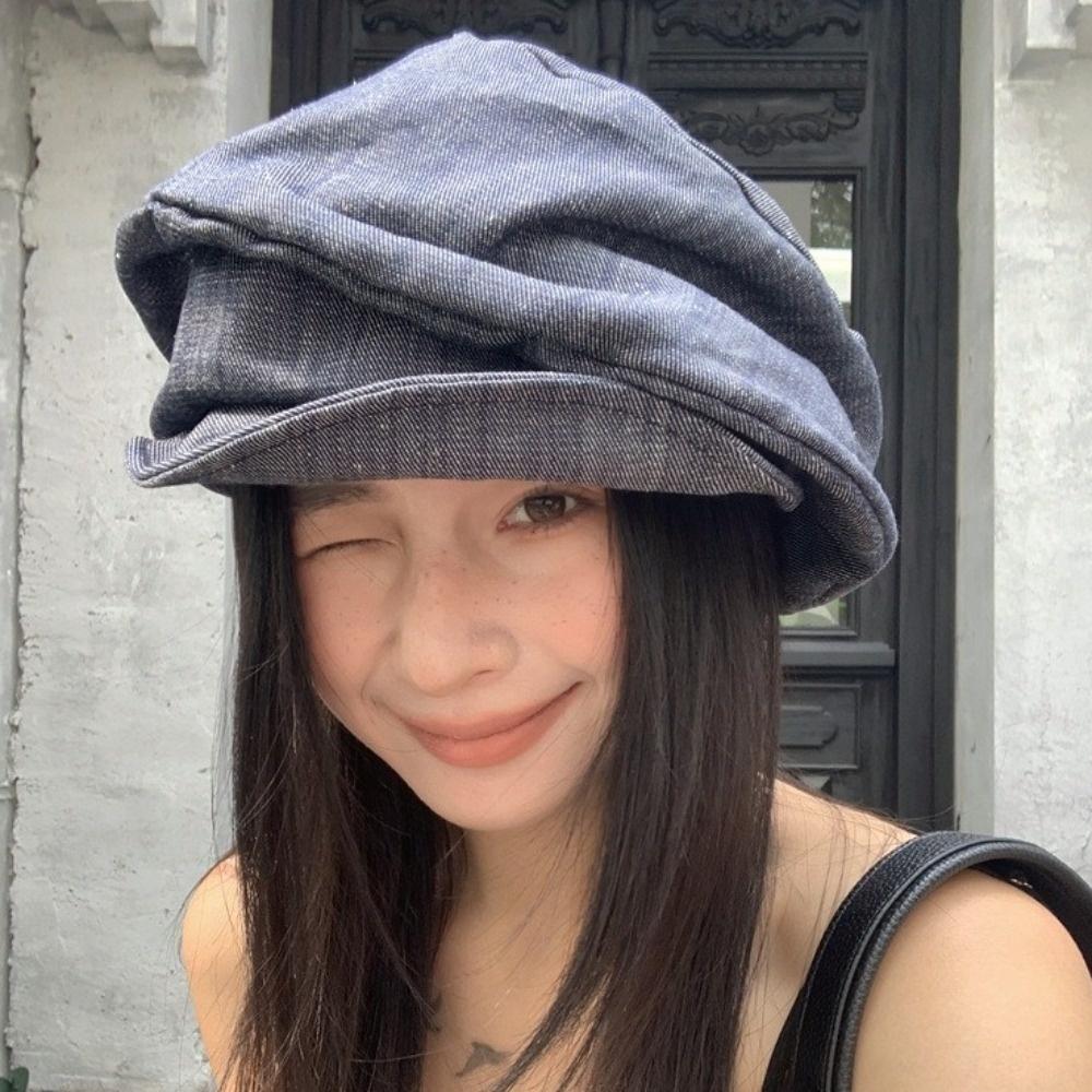 Японская джинсовая беретка Облачная плиссированная шляпа художника Винтажная восьмиугольная кепка Для улицы
